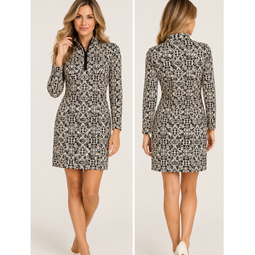 J. McLaughlin Bedford Dress Catalina Cloth Black Cream Quarter Zip S Old Money